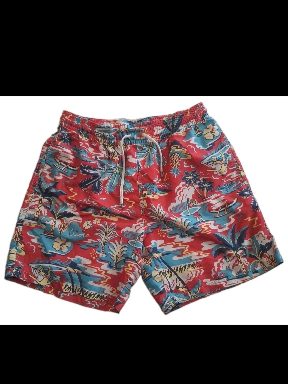 Polo Ralph Lauren Swim Trunks Mens Large Red Aloha Hawaiian Surfer Print Shorts
